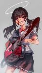  1girl :d bangs black_hair black_sailor_collar black_skirt blood blood_on_face bloody_clothes bloody_weapon blurry bright_pupils chainsaw cowboy_shot danjou_sora depth_of_field ear_piercing eyebrows_visible_through_hair grey_background grin halo highres long_hair looking_at_viewer low_twintails open_mouth original piercing pink_eyes pleated_skirt sailor_collar school_uniform serafuku shirt short_sleeves simple_background skirt smile solo standing teeth twintails two-handed weapon white_shirt 