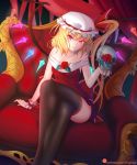 &gt;:) 1girl alternate_costume artist_name bangs bare_shoulders black_legwear blonde_hair breasts closed_mouth collarbone crystal curtains dress fang_out feet_out_of_frame flandre_scarlet flower frills hat hat_ribbon head_tilt highres holding indoors legs_crossed long_hair looking_at_viewer mob_cap nuenya off-shoulder_dress off_shoulder one_side_up red_dress red_flower red_ribbon red_rose revision ribbon rose short_dress skull small_breasts smile solo thigh-highs throne touhou v-shaped_eyebrows watermark web_address white_hat wings wrist_cuffs 