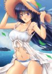  1girl absurdres bikini black_hair blue_eyes bracelet breasts cleavage cowboy_shot dress hat highres horizon jewelry long_hair looking_at_viewer moe2018 ocean open_mouth original outdoors sawwei005 solo straw_hat swimsuit swimsuit_under_clothes white_bikini white_dress 