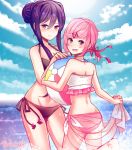  2girls ass back ball barefoot beach beachball bikini black_bikini blush clouds doki_doki_literature_club fang natsuki_(doki_doki_literature_club) ocean open_mouth peachcake pink_bikini pink_eyes pink_hair ribbon smile splash towel violet_eyes violet_hair water yuri_(doki_doki_literature_club) 