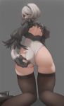  1girl adjusting_clothes adjusting_leotard ass blindfold feather-trimmed_sleeves from_behind hairband leotard nier_(series) nier_automata rabbit_(wlsdnjs950) short_hair silver_hair solo thigh-highs yorha_no._2_type_b 
