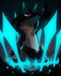  arm_up closed_mouth commentary cowboy_shot creature dark highres looking_up lucario outstretched_arm pokemon pokemon_(creature) pokemon_(game) pokemon_dppt red_eyes rock-bomber serious smoke solo spikes standing sword weapon 