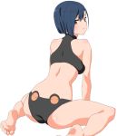 1girl ass barefoot darling_in_the_franxx green_eyes hair_ornament hairclip ichigo_(darling_in_the_franxx) looking_at_viewer looking_back simple_background sitting solo sports_bra wariza white_background zourion 