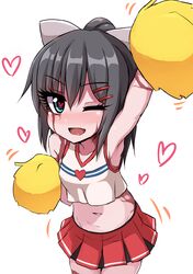  1girl ;d arm_up black_hair blue_eyes blush bow burn_scar cheerleader commentary cowboy_shot crop_top dorei_to_no_seikatsu_~teaching_feeling~ eyebrows_visible_through_hair eyes_visible_through_hair ganbare_ganbare_(itou_life) hair_bow hair_ornament hairclip heart heart-shaped_pupils highres looking_at_viewer midriff motion_lines navel ocha_(ochappie) one_eye_closed open_mouth pom_poms ponytail scar skirt smile solo sylvie_(dorei_to_no_seikatsu) symbol-shaped_pupils 