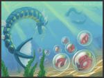  algae black_border border commentary creature egg fish from_behind gyarados magikarp no_humans pokemon pokemon_(creature) pokemon_(game) pokemon_rgby swimming twarda8 underwater watermark web_address whiskers 