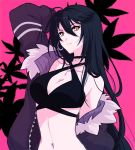  1girl black_hair breasts choker jacket long_hair looking_at_viewer mao_(expuella) navel solo sports_bra tales_of_(series) tales_of_berseria velvet_crowe yellow_eyes 