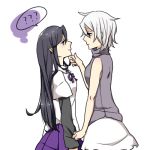  2girls ?? ayukae bare_shoulders black_hair crossover from_side hand_on_another&#039;s_chin long_hair long_sleeves looking_at_another lowres multiple_girls purple_skirt sabitsuki shirt short_hair skirt sleeveless sleeveless_shirt sometsuki ultraviolet very_long_hair white_background white_hair white_skirt yuri 