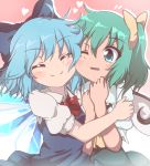  2girls :t ^_^ aqua_eyes aqua_hair bangs blue_bow blue_dress blue_hair blush bow bowtie cheek-to-cheek cirno closed_eyes closed_mouth daiyousei do_(4-rt) dress eyebrows_visible_through_hair fairy_wings flying_sweatdrops gradient gradient_background green_skirt hair_bow hands_on_own_chest heart highres hug ice ice_wings multiple_girls one_eye_closed one_side_up open_mouth pinafore_dress pink_background puffy_short_sleeves puffy_sleeves red_bow red_neckwear shirt short_hair short_sleeves skirt smile tareme touhou upper_body white_shirt wings yellow_bow yuri 
