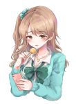  1girl :o bangs blonde_hair blush bow bowtie breasts brown_eyes candy cardigan cellphone cellphone_camera cleavage collarbone collared_shirt earrings eyebrows_visible_through_hair food green_bow green_neckwear hair_ornament hair_scrunchie heart heart_necklace highres holding holding_food holding_phone idolmaster idolmaster_cinderella_girls jewelry lollipop long_hair long_sleeves looking_at_phone medium_breasts morikubo_nono one_side_up open_cardigan open_clothes open_mouth pendant phone sak_(lemondisk) school_uniform scrunchie shirt simple_background smartphone solo stud_earrings upper_body white_background white_shirt wing_collar 