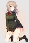  1girl bangs black_footwear black_legwear black_skirt blue_eyes breasts closed_mouth eyebrows_visible_through_hair full_body girls_und_panzer green_jacket grey_background hand_on_own_thigh head_tilt highres ikomochi itsumi_erika jacket kneehighs kneeling loafers long_hair long_sleeves looking_at_viewer medium_breasts miniskirt pleated_skirt shiny shiny_hair shiny_skin shoes silver_hair simple_background skirt smile solo tsurime 