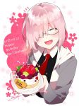  1girl artist_name birthday_cake blush cake closed_eyes commentary commentary_request english fate/grand_order fate_(series) food fruit glasses hair_over_one_eye happy_birthday kiwifruit lavender_hair mash_kyrielight plate redrop strawberry takahashi_rie 
