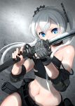  1girl absurdres asagon007 blue_eyes choker cyborg grey_hair highres holding holding_sword holding_weapon katana looking_at_viewer midriff original solo sword twintails weapon 