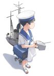  1girl black_hair blue_sailor_collar brown_eyes commentary_request dress full_body hat hiburi_(kantai_collection) highres kantai_collection low_ponytail machinery mast sailor_collar sailor_dress sailor_hat shoes short_hair simple_background smokestack solo taruya uwabaki white_background white_hat 