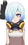  1girl :o bare_shoulders blue_eyes blue_hair blush breasts disembodied_limb eyeshadow hair_over_one_eye looking_at_viewer makeup medium_breasts one_eye_covered overturn parted_lips short_hair simple_background solo_focus sumiyao_(amam) upper_body white_background 