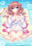  1girl bikini bow breasts brown_hair cleavage commentary_request covered_navel fuuna hat hat_bow hat_removed headwear_removed highres japanese_clothes kimono knees_together_feet_apart long_hair long_sleeves lying medium_breasts moe2018 on_back original pink_bikini see-through short_kimono side-tie_bikini sleeves_past_wrists solo sparkle swimsuit water wet wet_clothes wet_kimono white_hat white_kimono wide_sleeves yellow_bow 