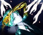  androgynous blue_eyes blue_hair colored_eyelashes different_reflection gem_uniform_(houseki_no_kuni) golden_arms green_eyes green_hair highres houseki_no_kuni lapis_lazuli_(houseki_no_kuni) looking_at_viewer lying necktie on_back phosphophyllite reflection short_hair smile spoilers tsuki_jin 