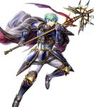  1boy armor armored_boots bangs blue_eyes boots cape elbow_pads ephraim fire_emblem fire_emblem:_seima_no_kouseki fire_emblem_heroes full_body gauntlets green_hair highres holding holding_weapon looking_away male_focus mayachise official_art pants parted_lips polearm short_hair shoulder_armor shoulder_pads solo transparent_background weapon 