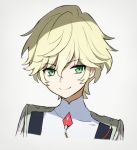  1boy 9_alpha blonde_hair cropped_torso darling_in_the_franxx gem green_eyes grey_background looking_at_viewer simple_background smile uniform 
