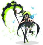  1girl :d absurdres bangs bare_arms bare_shoulders black_dress black_hair black_hat black_legwear blush breasts commentary_request dress eyebrows_visible_through_hair green_eyes green_footwear hair_between_eyes hat high_heels highres hitodama holding holding_scythe holding_weapon long_hair looking_at_viewer medium_breasts open_mouth original outstretched_arms sakura_chiyo_(konachi000) scythe shinigami shoes sideboob sleeveless sleeveless_dress smile solo standing standing_on_one_leg thigh-highs upper_teeth very_long_hair weapon white_background witch_hat 