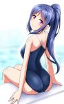  1girl \||/ ass blue_hair blue_swimsuit blush commentary_request highres long_hair long_ponytail looking_at_viewer looking_back love_live! love_live!_sunshine!! matsuura_kanan one-piece_swimsuit ponytail pool sidelocks sitting smile solo swimsuit violet_eyes yopparai_oni 