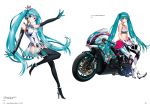  1girl artist_name bangs blue_eyes eyebrows_visible_through_hair full_body green_hair hatsune_miku highres long_hair looking_at_viewer official_art page_number racing_miku saitou_masatsugu simple_background smile twintails vocaloid white_background 