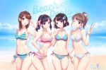  4girls ;d ;q beach bikini black_hair bow breasts brown_hair cleavage cowboy_shot food green_eyes hair_bow hair_ornament hairclip halterneck looking_at_viewer medium_hair multiple_girls nail_polish nishimura_eri one_eye_closed open_mouth original outdoors parted_lips ponytail popsicle scrunchie short_hair side-tie_bikini small_breasts smile striped striped_bikini swimsuit thigh_gap tongue tongue_out violet_eyes wrist_scrunchie 