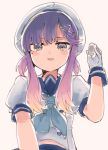  1girl blue_neckwear blush from_below gloves gradient_hair hair_between_eyes hair_ornament hairclip hat itomugi-kun kantai_collection long_hair looking_at_viewer multicolored_hair neckerchief open_mouth pink_hair purple_hair sailor_collar sailor_hat school_uniform serafuku short_sleeves simple_background solo tsushima_(kantai_collection) upper_body violet_eyes white_background white_gloves 