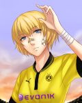  1girl blonde_hair blue_eyes borussia_dortmund bundesliga original personification puma_ag reiji-rj short_hair soccer soccer_uniform solo sportswear 