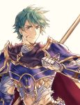  1boy absurdres armor blue_eyes blue_hair cape ephraim fire_emblem fire_emblem:_seima_no_kouseki fire_emblem_heroes gloves green_hair highres male_focus polearm short_hair smile spear tecchen weapon 