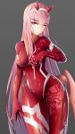  1girl bodysuit breasts darling_in_the_franxx green_eyes grey_background horns large_breasts long_hair looking_at_viewer pink_hair pmh1910 red_suit simple_background skin_tight smile solo zero_two_(darling_in_the_franxx) 