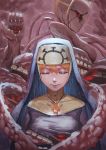  1girl closed_eyes closed_mouth commentary creepy cross cross_necklace double_(skullgirls) extra_eyes facing_viewer habit hair_between_eyes headdress jewelry necklace nun orange_hair skullgirls smile solo tentacle zakusi 