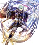  1boy armor armored_boots bangs blue_eyes boots cape elbow_pads ephraim fire_emblem fire_emblem:_seima_no_kouseki fire_emblem_heroes full_body gauntlets green_hair highres holding holding_weapon looking_away male_focus mayachise official_art open_mouth pants polearm short_hair shoulder_armor shoulder_pads solo transparent_background weapon 