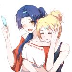  2girls ayase_eli bangs blonde_hair blue_hair blush closed_eyes commentary_request couple eyebrows_visible_through_hair food gemi_25 highres hug hug_from_behind long_hair looking_at_viewer love_live! love_live!_school_idol_project multiple_girls one_eye_closed open_mouth popsicle smile sonoda_umi upper_body yellow_eyes yuri 