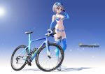  1girl :o anastasia_(idolmaster) bare_shoulders bicycle bikini blue_eyes blue_legwear blush breasts cleavage day elbow_gloves fingerless_gloves full_body gloves goggles goggles_on_head ground_vehicle halter_top halterneck high_heels hitomi_kazuya idolmaster idolmaster_cinderella_girls medium_breasts navel short_hair silver_hair solo standing swimsuit thigh-highs 