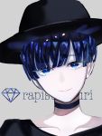  alternate_costume androgynous bangs blue_eyes blue_hair blunt_bangs character_name choker contemporary face grey_background hat highres houseki_no_kuni lapis_lazuli_(houseki_no_kuni) looking_at_viewer phosphophyllite phosphophyllite_(ll) short_hair smile solo spoilers 