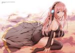  1girl backless_outfit bangs bare_shoulders blue_eyes breasts dress eyebrows_visible_through_hair hairband high_heels highres large_breasts long_hair looking_at_viewer megurine_luka open_mouth pink_hair saitou_masatsugu sitting solo thigh-highs vocaloid wariza 