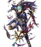  1boy armor armored_boots bangs blue_eyes boots broken_armor cape elbow_pads ephraim fire_emblem fire_emblem:_seima_no_kouseki fire_emblem_heroes full_body gauntlets green_hair highres holding holding_weapon looking_away male_focus mayachise official_art pants parted_lips polearm short_hair shoulder_armor shoulder_pads smile solo spear torn_clothes transparent_background weapon 