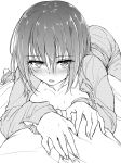  1girl absurdres ass barefoot blush breasts cleavage highres kyokucho looking_at_viewer monochrome open_mouth original pajamas pov solo_focus sweat 