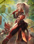  1girl ass black_ribbon braid closed_mouth commentary_request felyne food from_behind gauntlets hair_ribbon highres holding lack looking_at_viewer looking_back monster_hunter ponytail ribbon silver_hair sitting solo spaulders standing tail yellow_eyes 