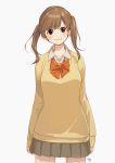  1girl bangs blush bow bowtie brown_eyes brown_hair closed_mouth collared_shirt commentary_request cowboy_shot eyebrows_visible_through_hair grey_background grey_skirt kawai_makoto looking_at_viewer orange_neckwear original pantyhose pleated_skirt shirt signature simple_background skirt smile solo standing sweater twintails white_shirt wing_collar yellow_sweater 