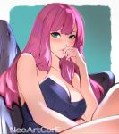  1girl bare_shoulders breasts cleavage collarbone green_eyes lips long_hair looking_at_viewer medium_breasts mole nudtawut_thongmai original parted_lips pink_hair signature sitting solo thighs 