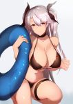  1girl azur_lane bikini black_bikini black_ribbon breasts brown_eyes cleavage closed_mouth collarbone commentary_request eyebrows_visible_through_hair grey_background hair_ribbon halter_top halterneck holding_innertube large_breasts looking_at_viewer mole mole_on_breast multicolored_hair navel prinz_eugen_(azur_lane) redhead ribbon saisarisu side-tie_bikini side-tie_bottom silver_hair simple_background smile solo streaked_hair swimsuit transparent two-tone_hair two_side_up 