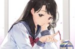  1girl black_hair hand_on_own_cheek long_hair long_sleeves macciatto_(aciel02) original petals ribbon smile uniform 