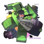  1boy 80s artist_name bonecrusher character_name constructicon decepticon drill drill_hand full_body looking_at_viewer no_humans oldschool open_mouth red_eyes sergeantctrln simple_background smoke solo transformers white_background 