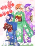  3girls bangs blue_hair blue_kimono blush commentary_request eyebrows_visible_through_hair floral_print flower green_eyes green_kimono hair_between_eyes hair_bun hair_flower hair_ornament hoshizora_rin japanese_clothes kimono kneeling lily_white_(love_live!) long_hair long_sleeves love_live! love_live!_school_idol_project multiple_girls orange_hair purple_hair purple_kimono short_hair smile sonoda_umi standing tabi toujou_nozomi wide_sleeves yellow_eyes 