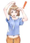  ! 1girl armpit_peek arms_up blue_shirt blush brown_eyes brown_hair collarbone commentary_request cutting_hair highres midriff_peek millipen_(medium) navel nib_pen_(medium) open_mouth scissors shirt short_hair simple_background solo sora_yori_mo_tooi_basho t-shirt tamaki_mari traditional_media white_background yamakappa 