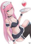  1girl absurdres alcohol asymmetrical_legwear bare_shoulders breasts closed_mouth darling_in_the_franxx eyebrows_visible_through_hair green_eyes highres horns ichikawayan large_breasts long_hair looking_at_viewer maid pink_hair simple_background skirt smile solo thigh-highs tray white_background wine zero_two_(darling_in_the_franxx) 