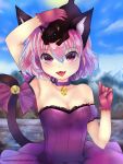  1girl @maya bell cat cat_ears choker fang gloves mew_ichigo nekomimi pendant pink_eyes pink_hair purple_dress ribbon tail tokyo_mew_mew 