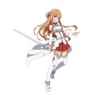  1girl :d asuna_(sao) boots breastplate brown_eyes brown_hair detached_sleeves floating_hair full_body holding holding_sword holding_weapon long_hair looking_at_viewer miniskirt open_mouth pleated_skirt red_skirt simple_background skirt smile solo sword sword_art_online thigh-highs thigh_boots very_long_hair weapon white_background white_footwear zettai_ryouiki 