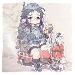  1girl :3 ahoge backpack bag bike_shorts bike_shorts_under_shorts black_hair can commentary_request crab_man entrenching_tool food garrison_cap glasses gloves goggles goggles_around_neck ground_vehicle gun hat holding holding_food military motor_vehicle original pointy_ears rifle rifle_on_back sandwich scooter short_hair_with_long_locks shorts shovel sitting solo thick_eyebrows violet_eyes weapon worktool 